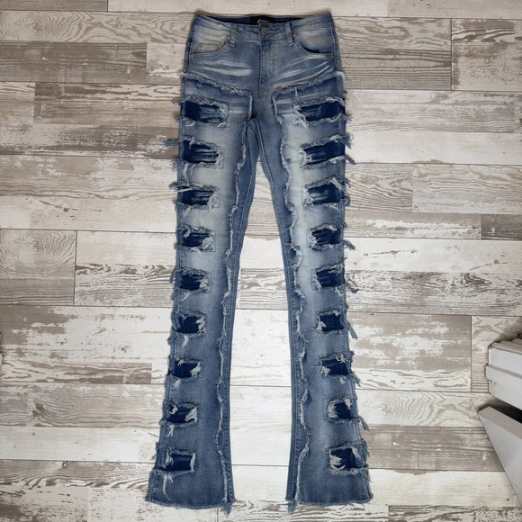 Guapi Jeans Womens 28 Blue Denim Frayed Hem Distressed Super Stacked Loverly Fit - Picture 1 of 12